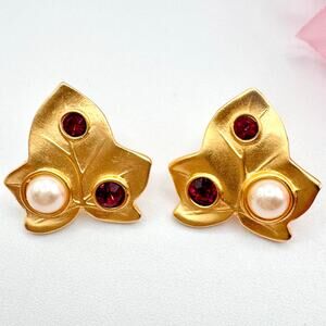 Vintage Marvella Maple Leaf Earrings Red Rhinestone Faux Pearl Matte Gold Tone